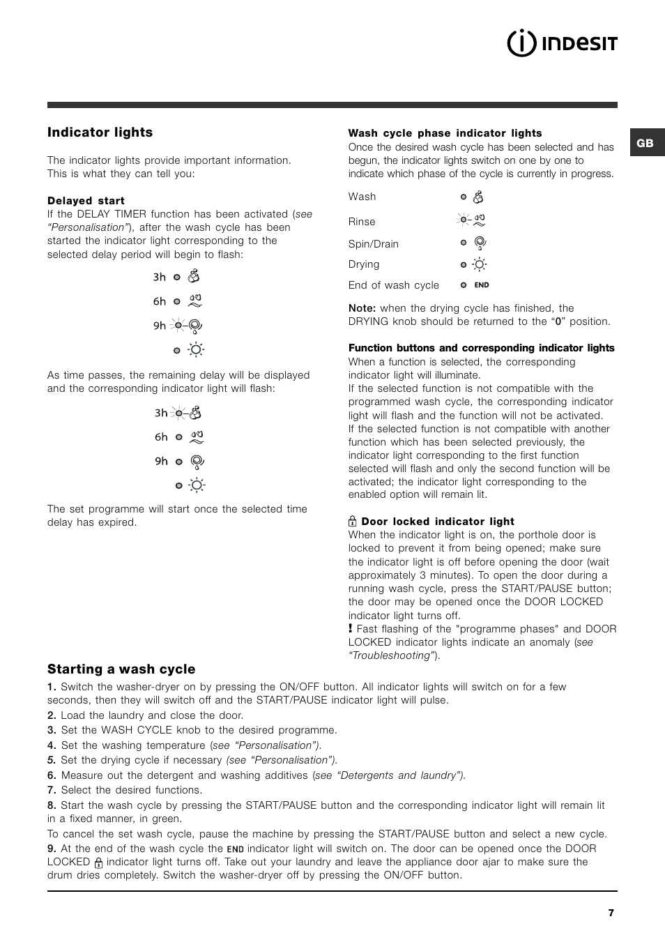 Indicator lights, Starting a wash cycle | Indesit IWDC 6143 User Manual | Page 7 / 16