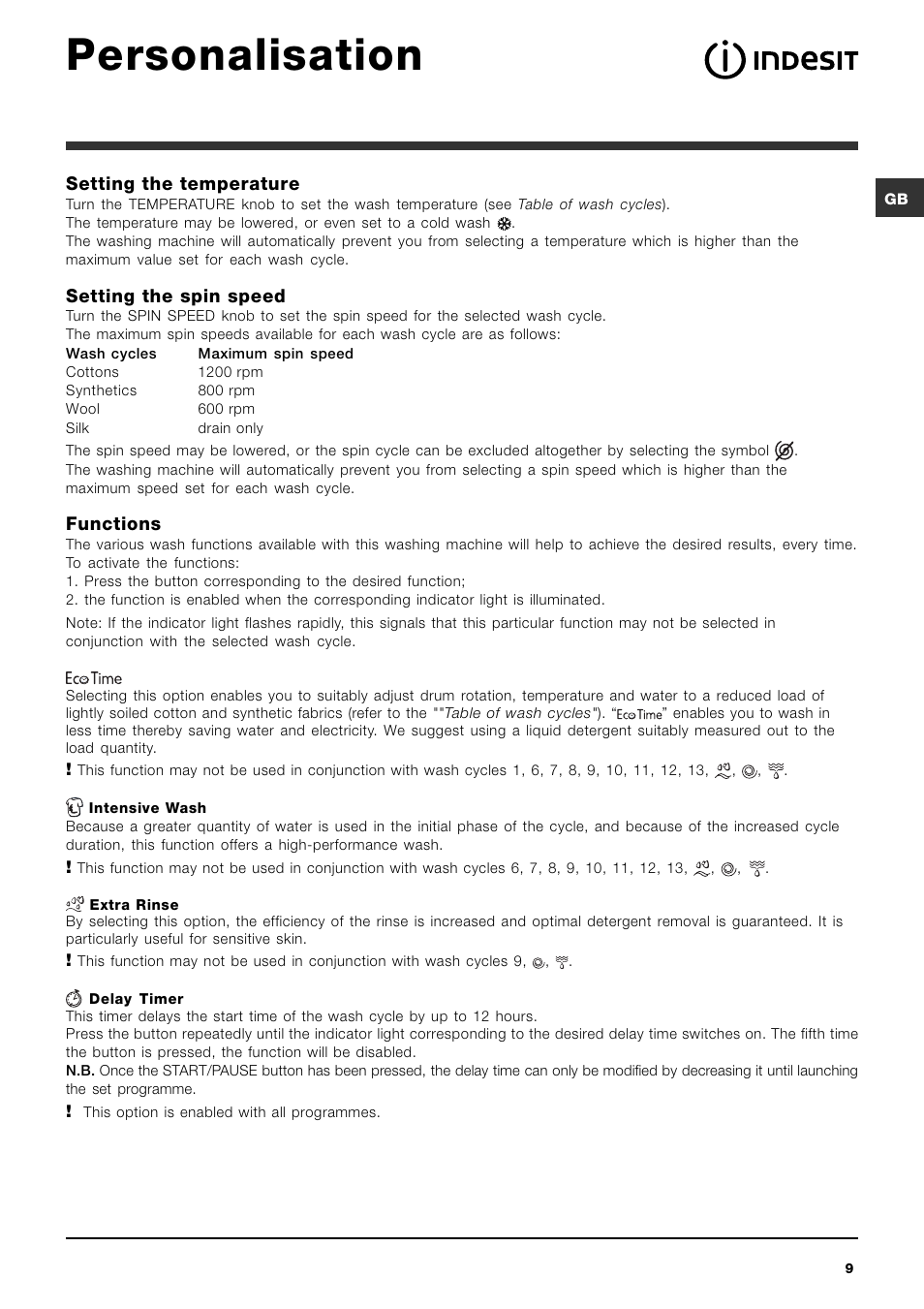 Personalisation | Indesit IWC 6125 S User Manual | Page 9 / 16