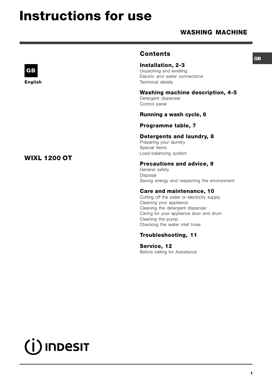 Indesit WIXL 1200 OT User Manual | 12 pages