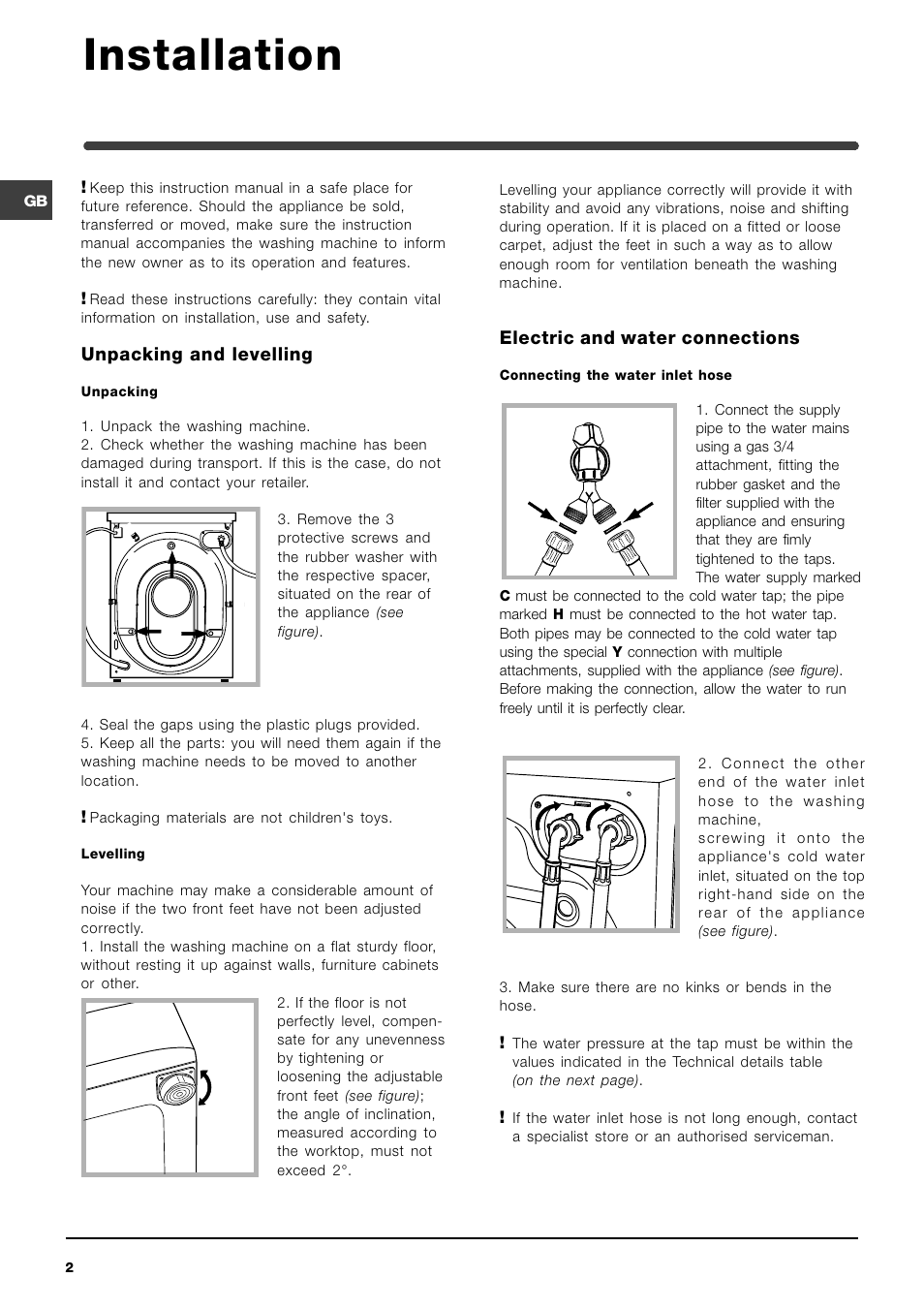 Installation, Unpacking and levelling, Electric and water connections | Indesit WIXL 1200 OT User Manual | Page 2 / 12