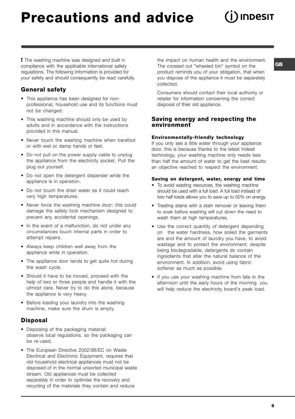 Precautions and advice | Indesit WIXL 1200 OT User Manual | Page 9 / 12