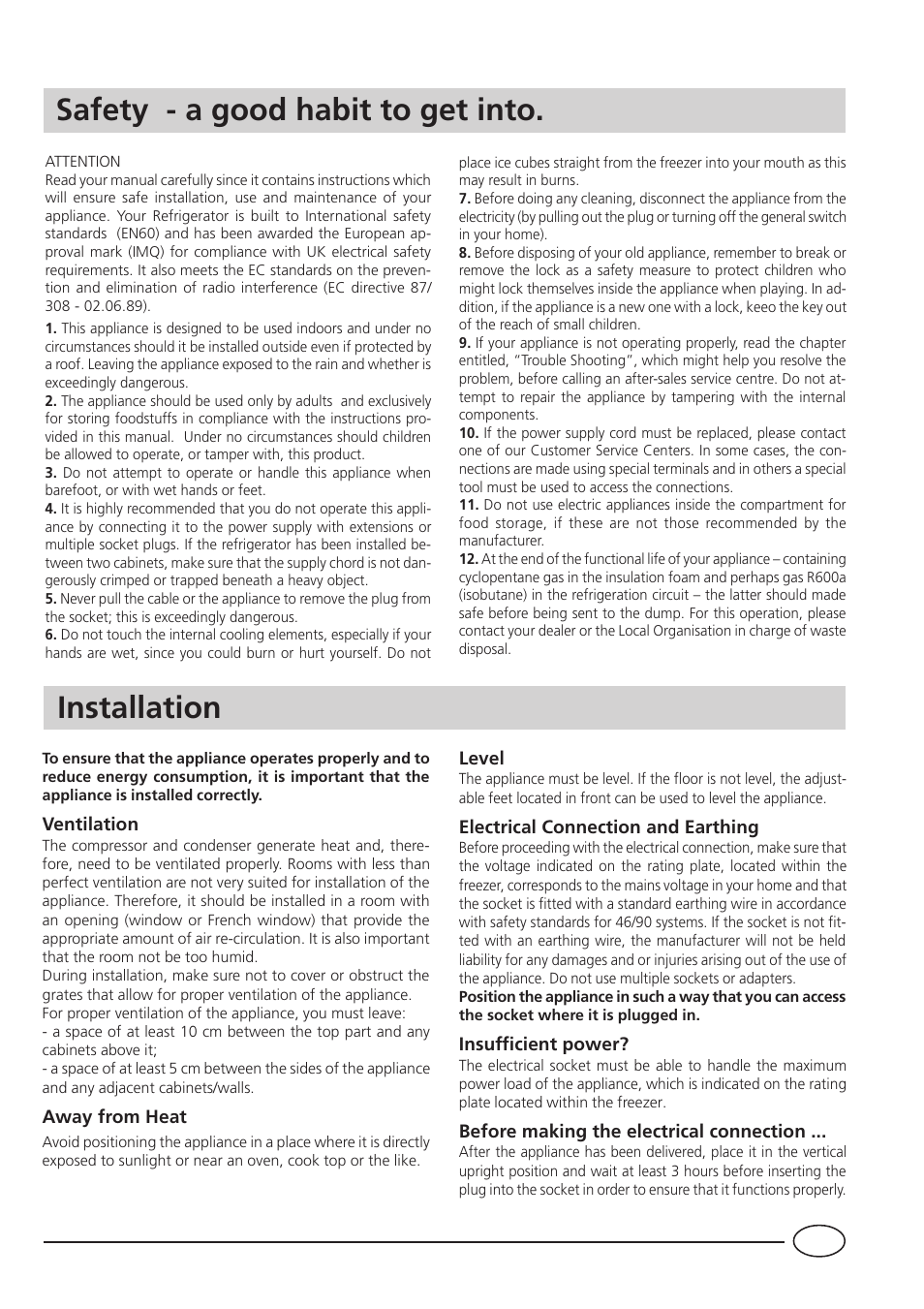 Installation, Safety - a good habit to get into | Indesit UFA 430 I User Manual | Page 3 / 16