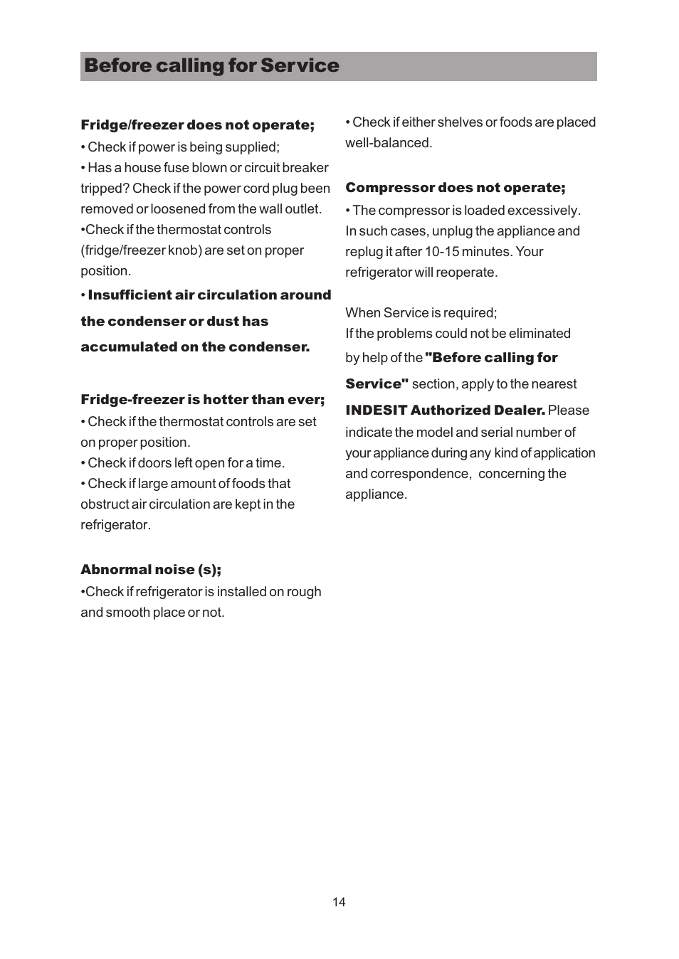 Before calling for service | Indesit R45NFUK User Manual | Page 16 / 17