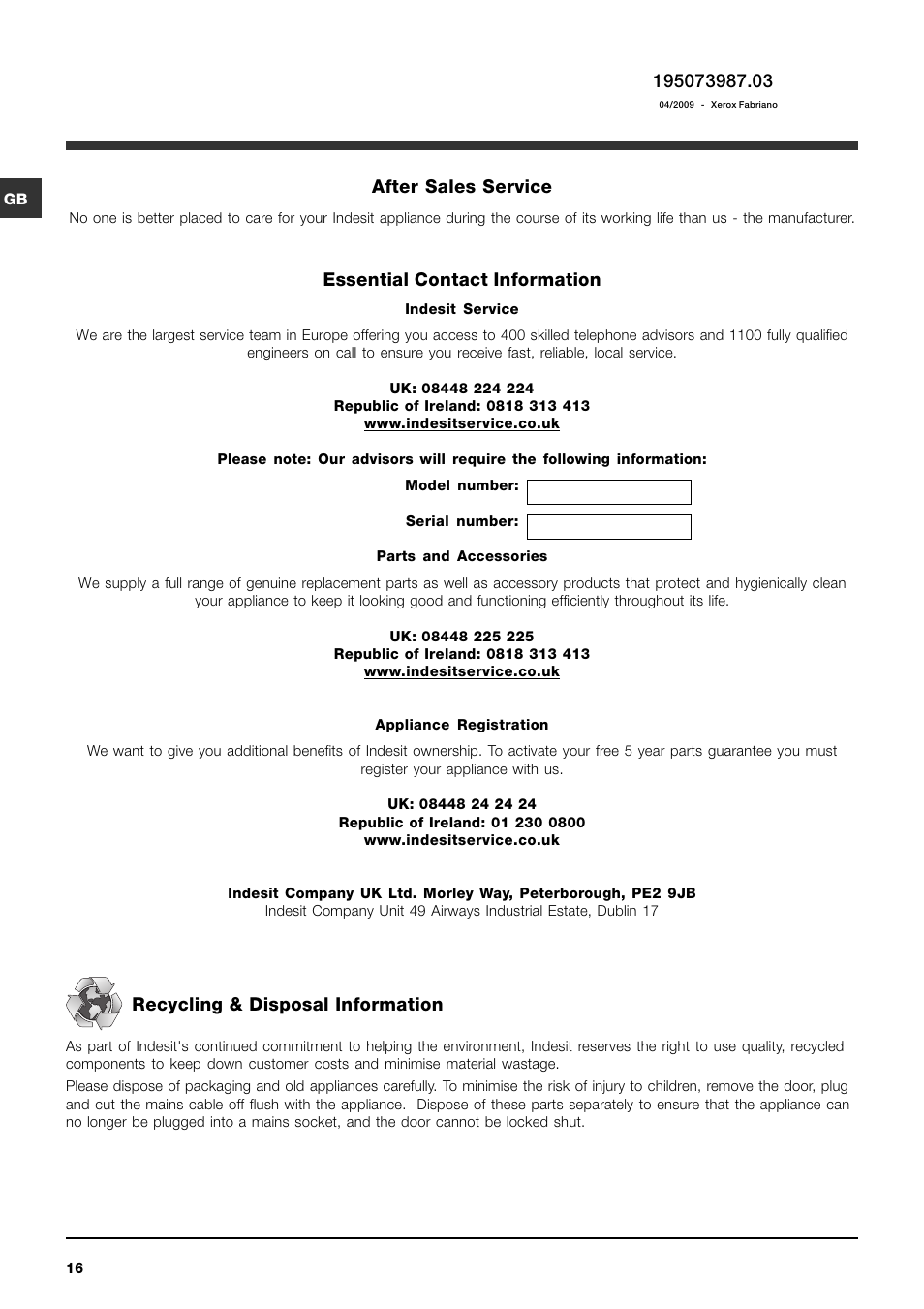 After sales service, Essential contact information, Recycling & disposal information | Indesit IWDC 6105 User Manual | Page 16 / 16