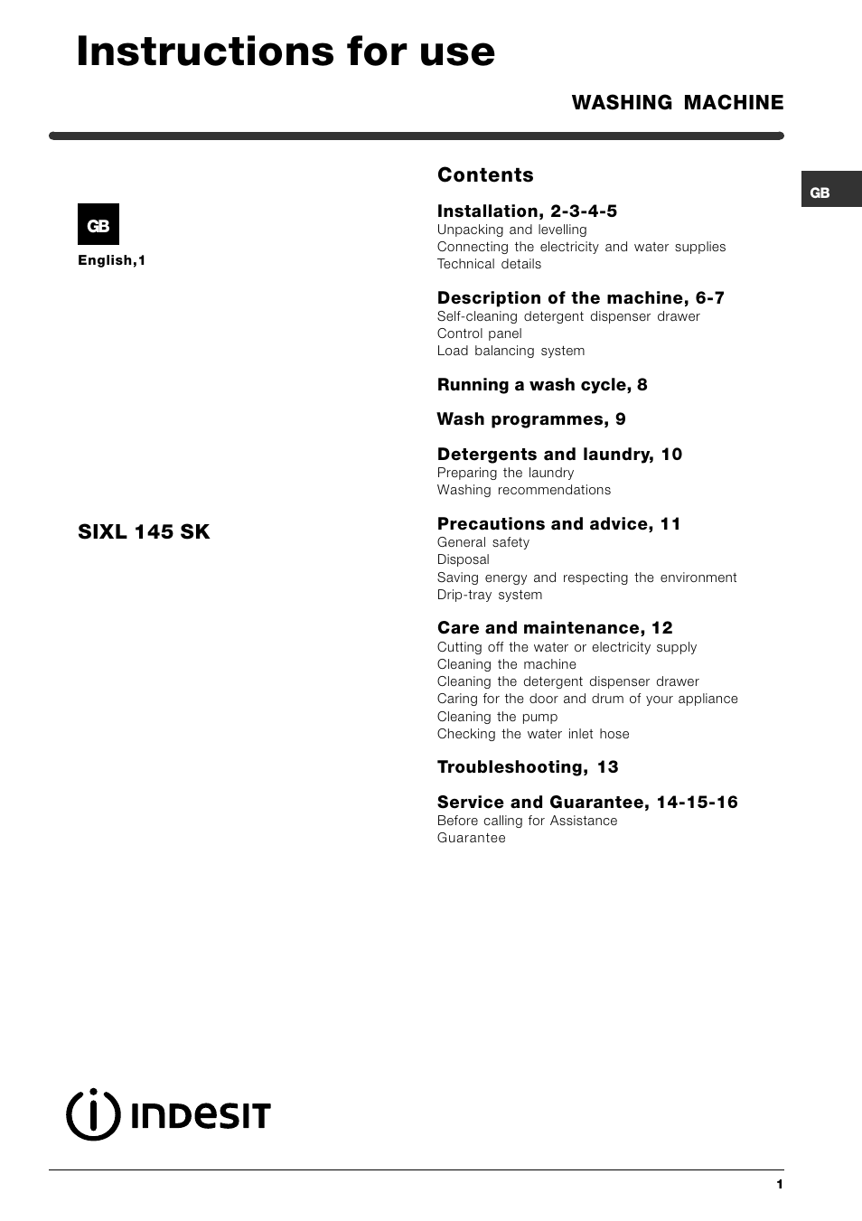 Indesit SIXL 145 SK User Manual | 16 pages