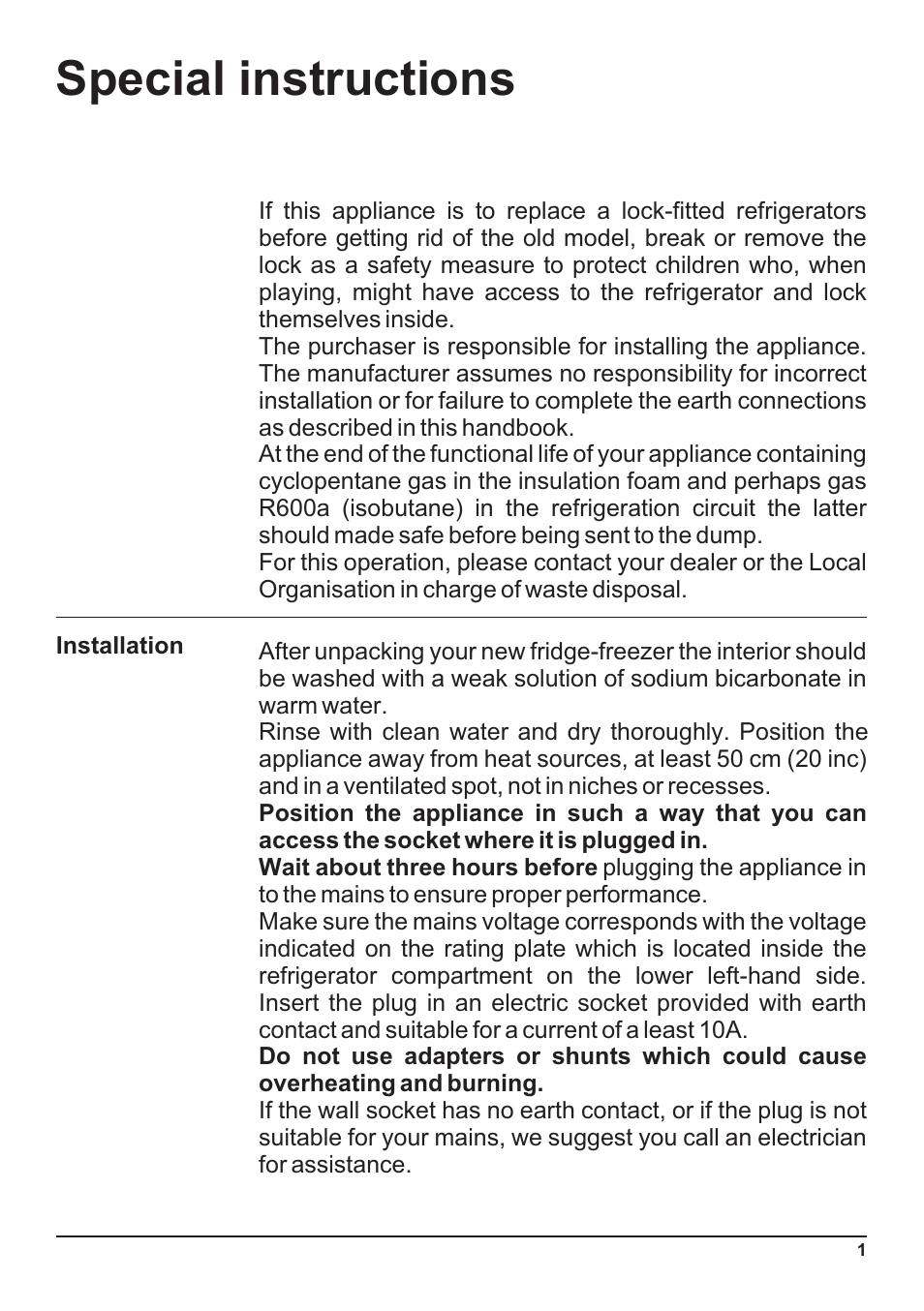 Special instructions | Indesit Two-Door Refrigerator/Freezer User Manual | Page 3 / 14