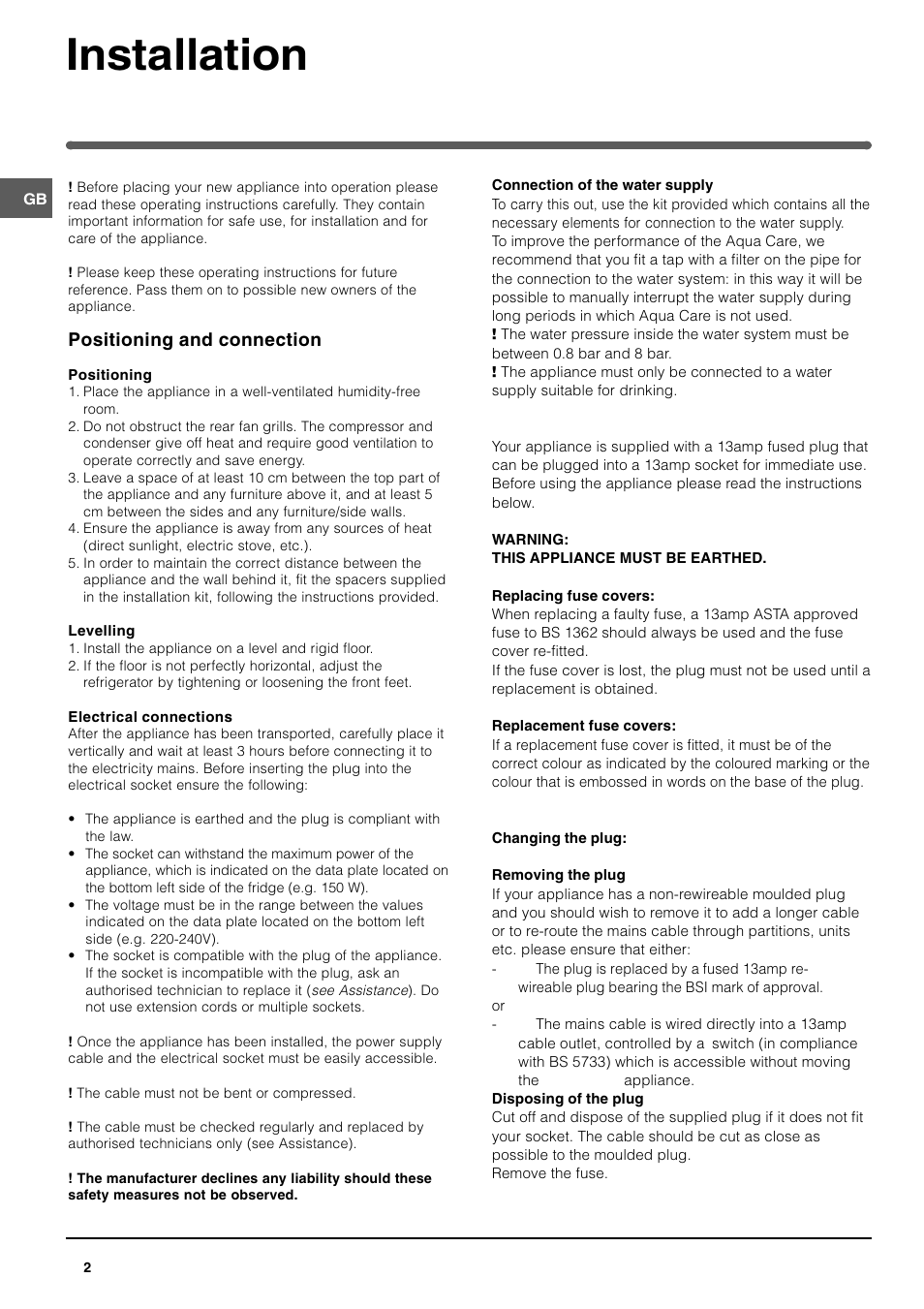 Installation, Positioning and connection | Indesit BAAN 12s User Manual | Page 2 / 12