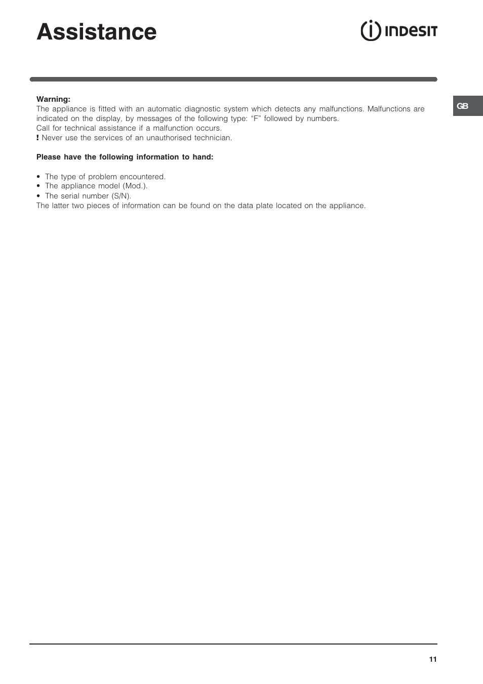 Assistance | Indesit IF 89 K.A IX UK User Manual | Page 11 / 12