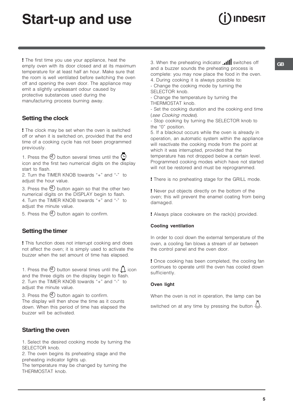Start-up and use, Setting the clock, Setting the timer | Starting the oven | Indesit IF 89 K.A IX UK User Manual | Page 5 / 12