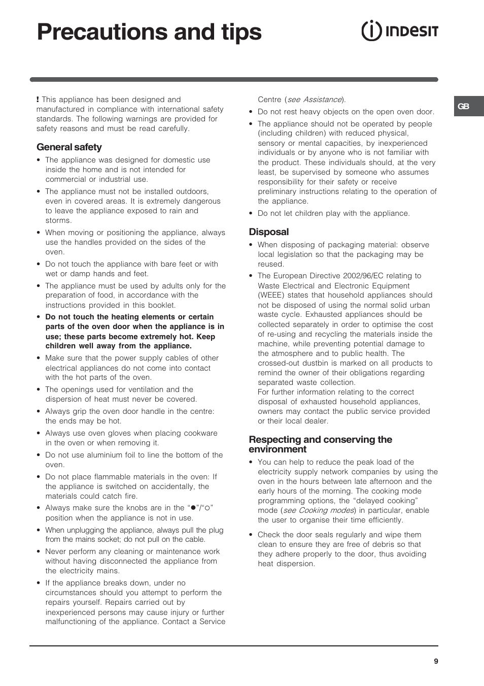 Precautions and tips, General safety, Disposal | Respecting and conserving the environment | Indesit IF 89 K.A IX UK User Manual | Page 9 / 12