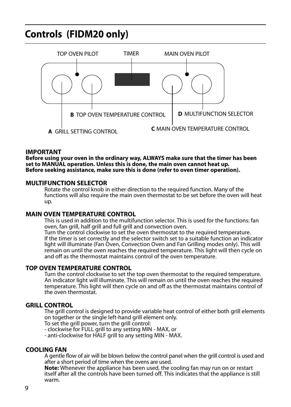 Controls (fidm20 only) | Indesit FID20 Mk2 User Manual | Page 10 / 48