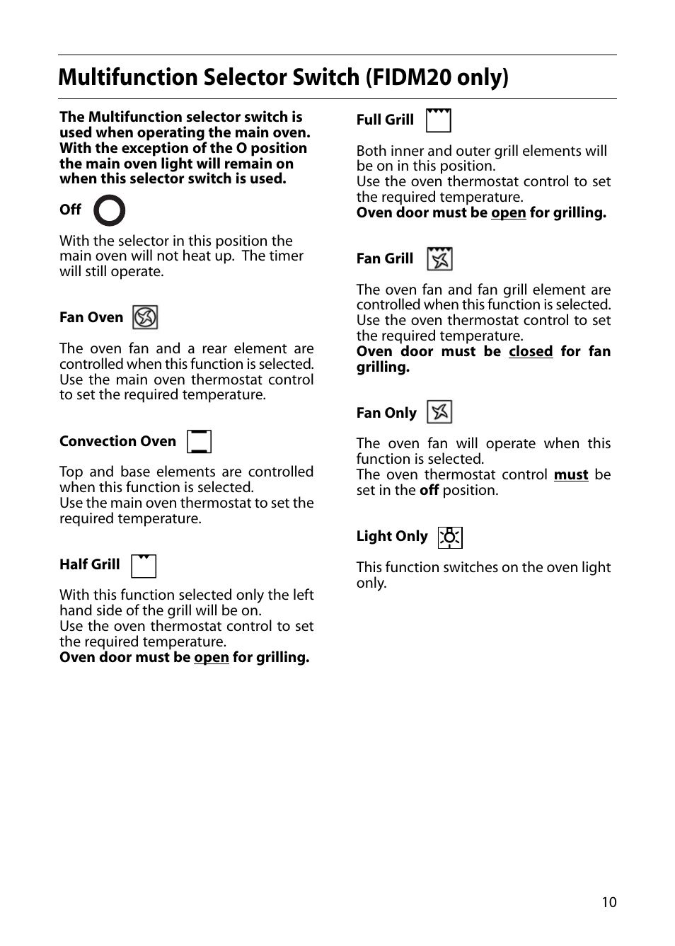 Multifunction selector switch (fidm20 only) | Indesit FID20 Mk2 User Manual | Page 11 / 48
