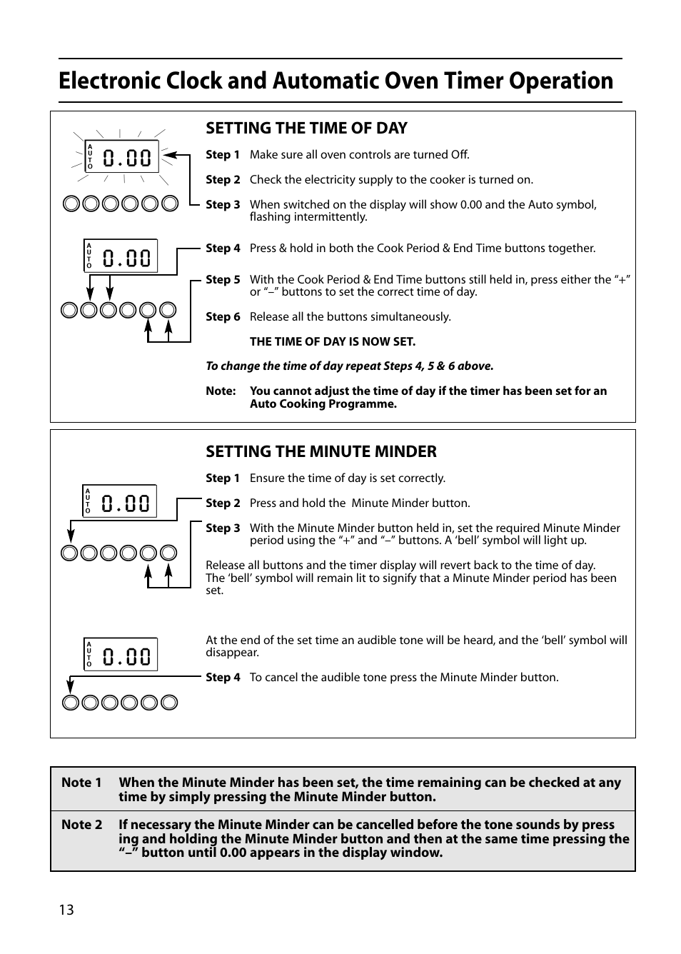 Setting the time of day, Setting the minute minder | Indesit FID20 Mk2 User Manual | Page 14 / 48