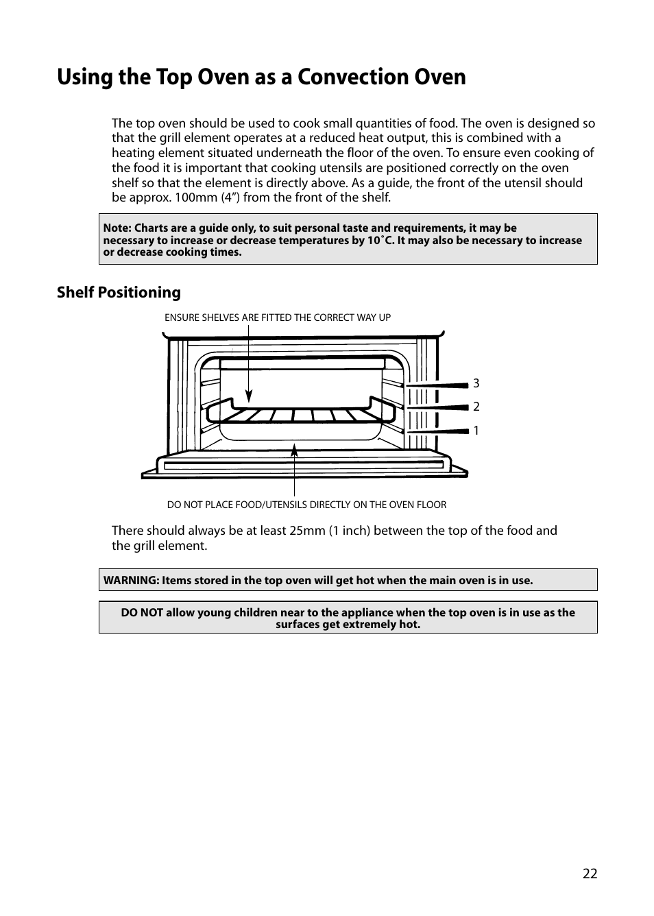 Using the top oven as a convection oven, Shelf positioning | Indesit FID20 Mk2 User Manual | Page 23 / 48