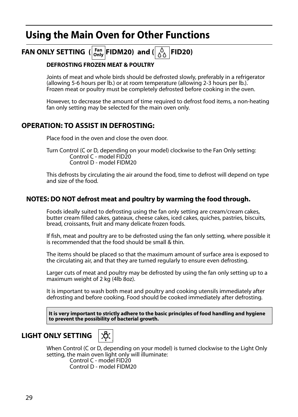 Using the main oven for other functions | Indesit FID20 Mk2 User Manual | Page 30 / 48