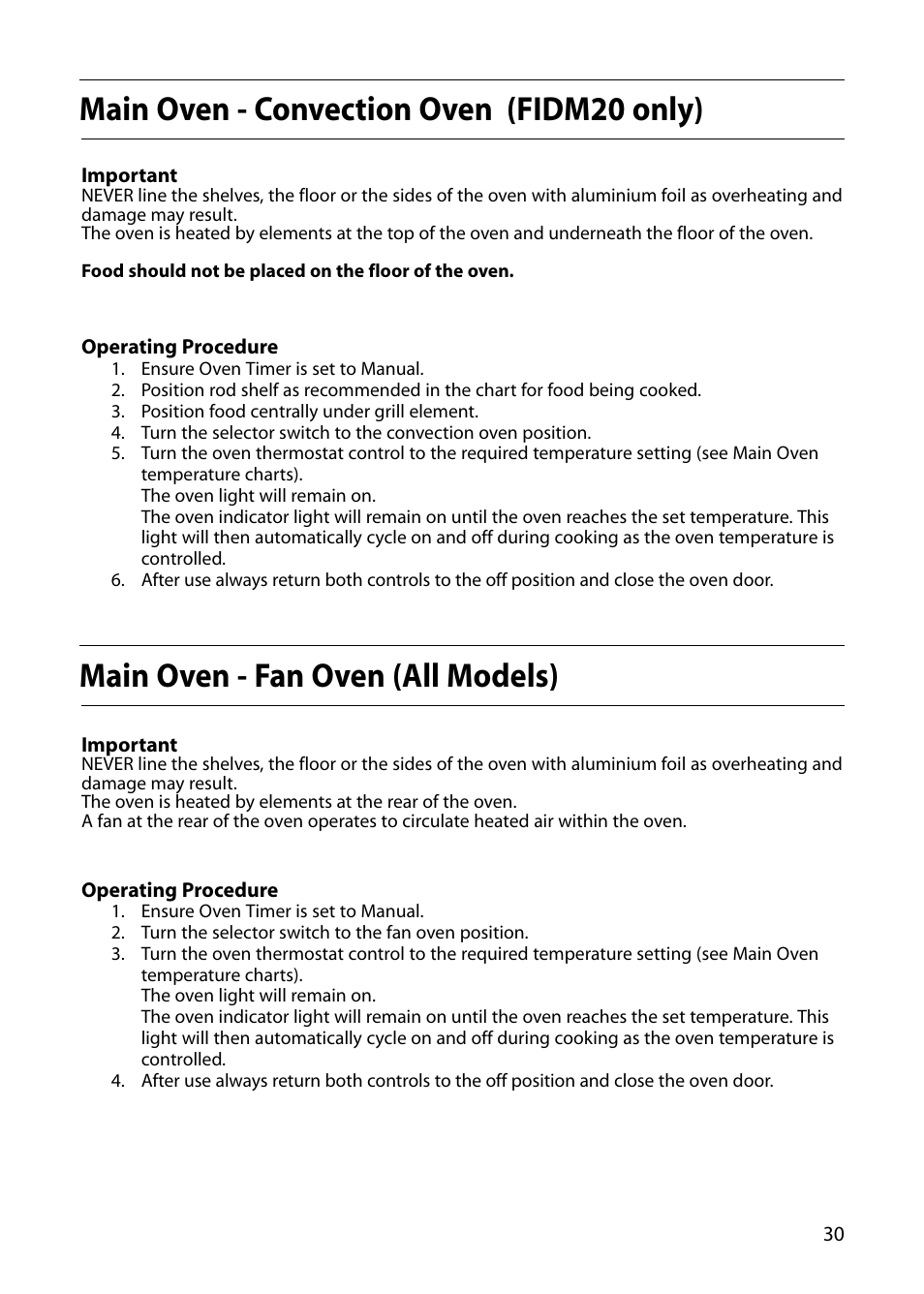 Main oven - convection oven (fidm20 only), Main oven - fan oven (all models) | Indesit FID20 Mk2 User Manual | Page 31 / 48