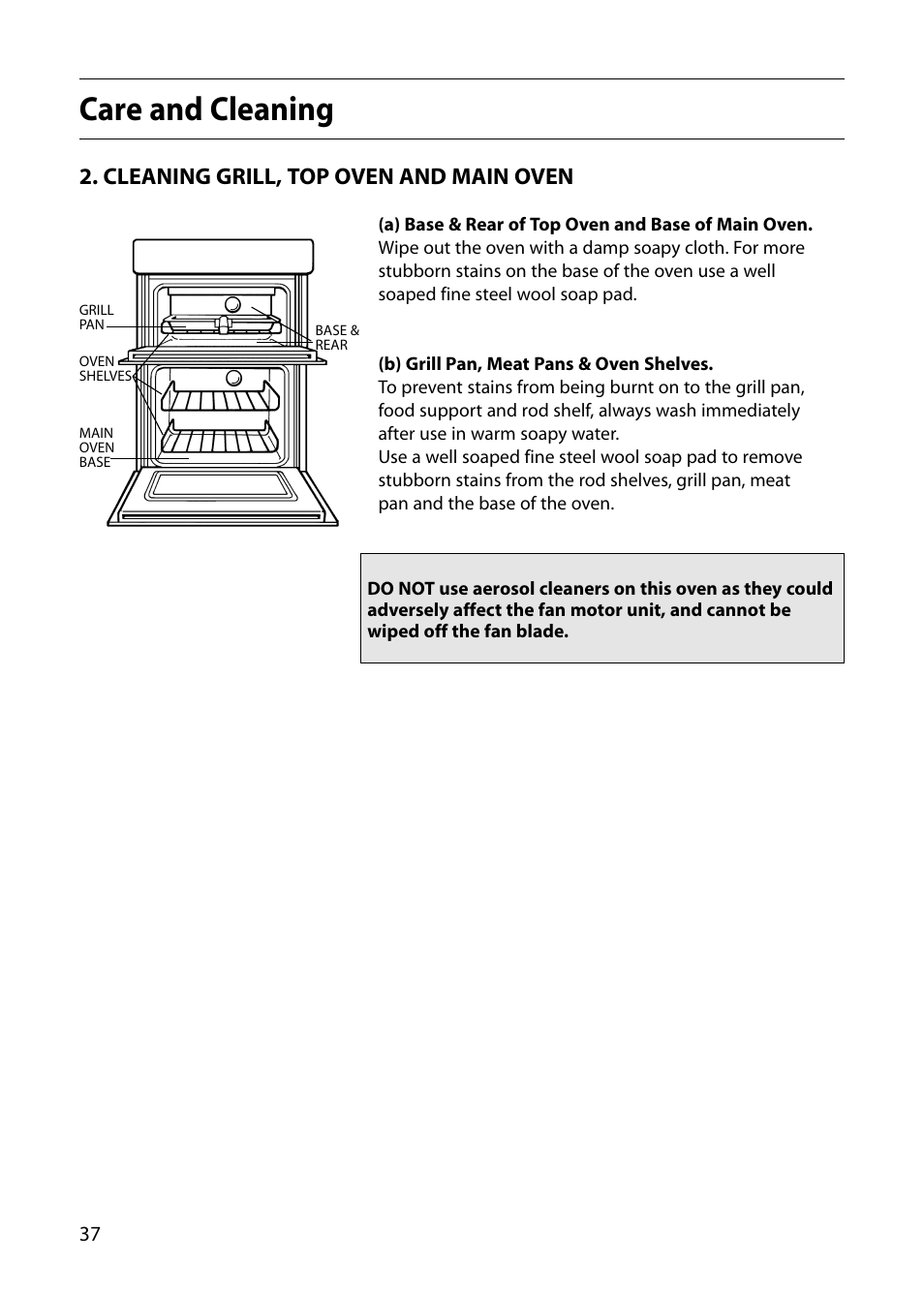 Care and cleaning, Cleaning grill, top oven and main oven | Indesit FID20 Mk2 User Manual | Page 38 / 48