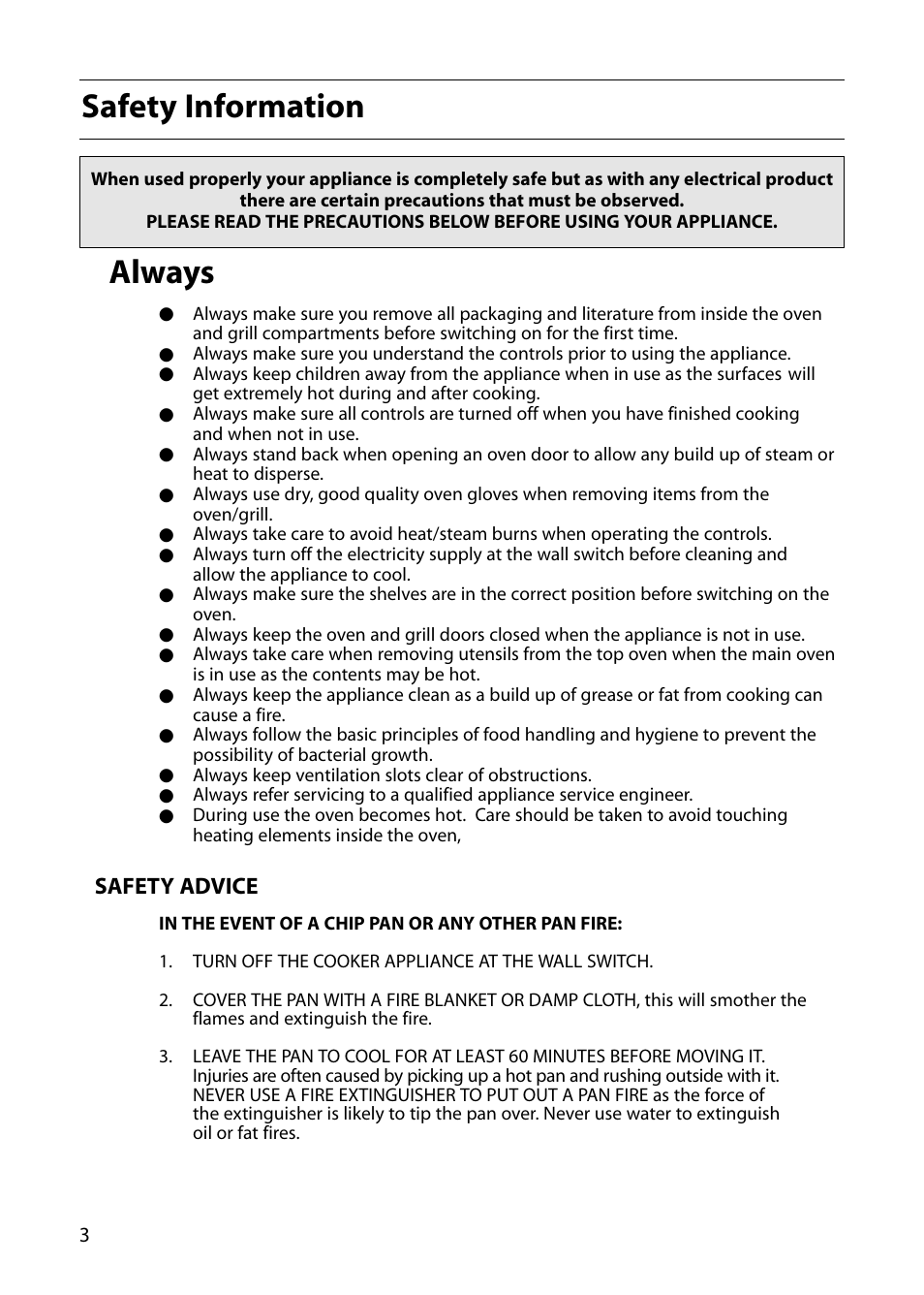 Always, Safety information | Indesit FID20 Mk2 User Manual | Page 4 / 48