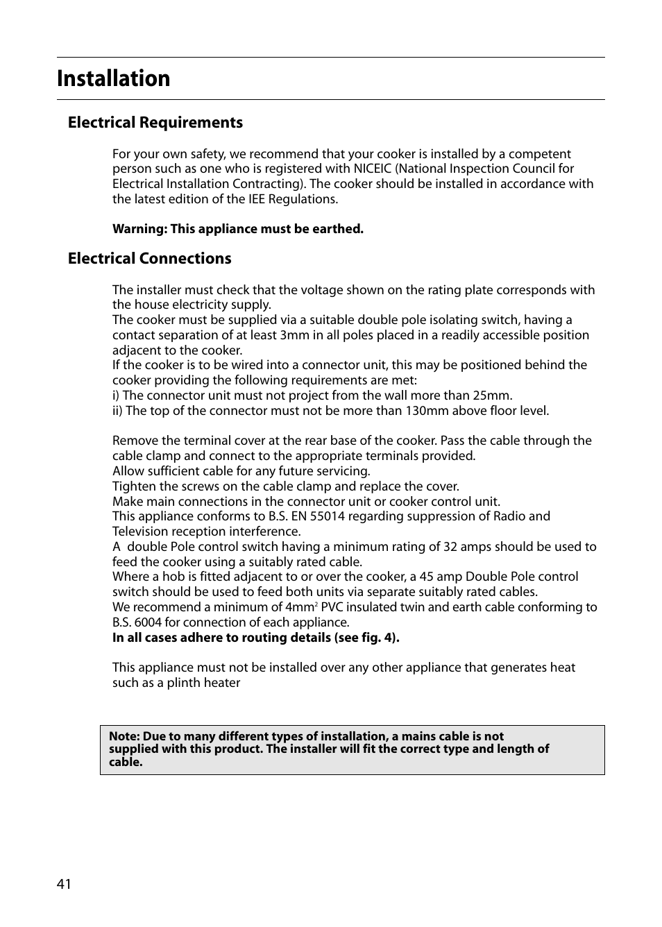 Installation | Indesit FID20 Mk2 User Manual | Page 42 / 48