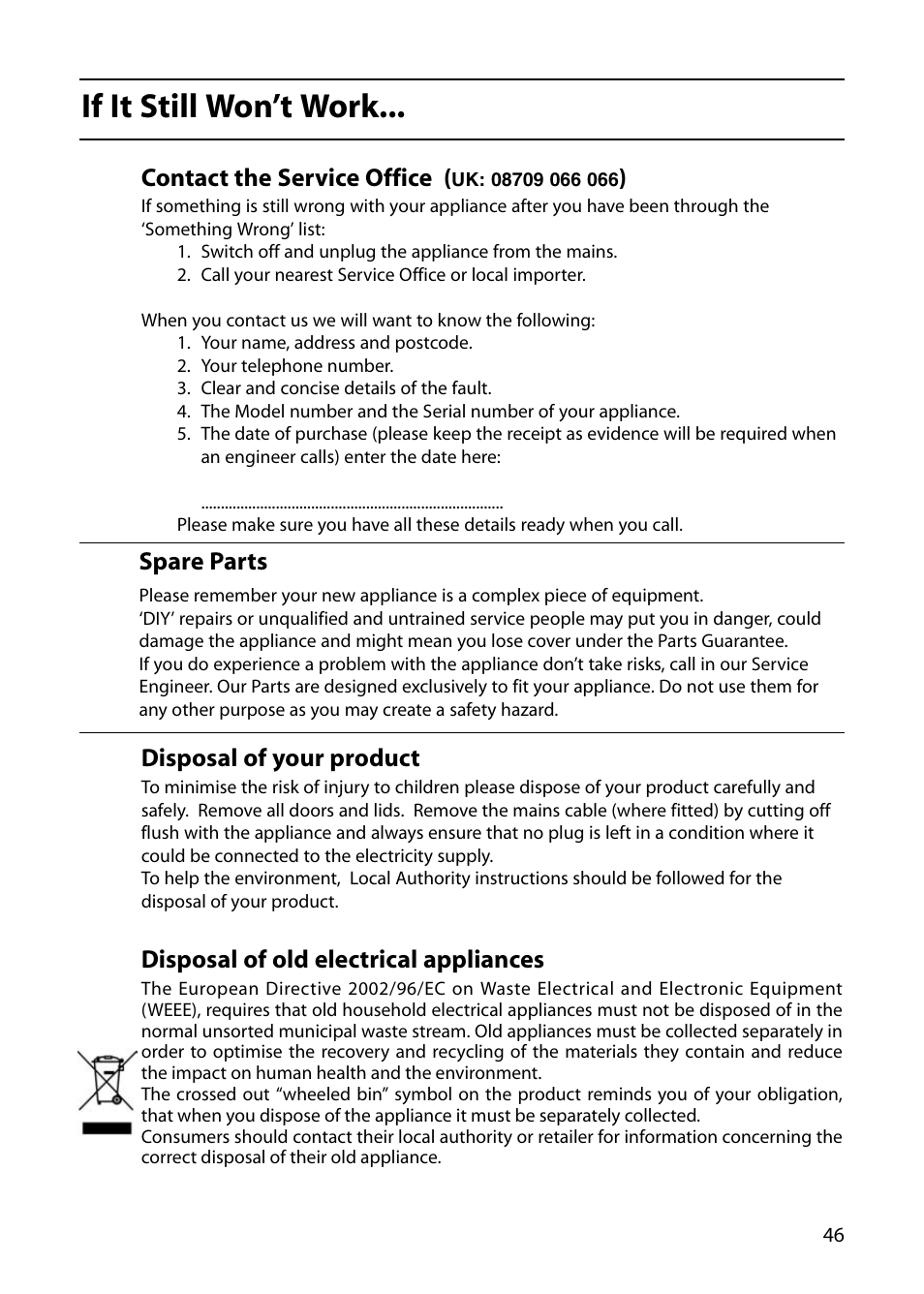 If it still won’t work, Contact the service office, Disposal of your product | Disposal of old electrical appliances, Spare parts | Indesit FID20 Mk2 User Manual | Page 47 / 48
