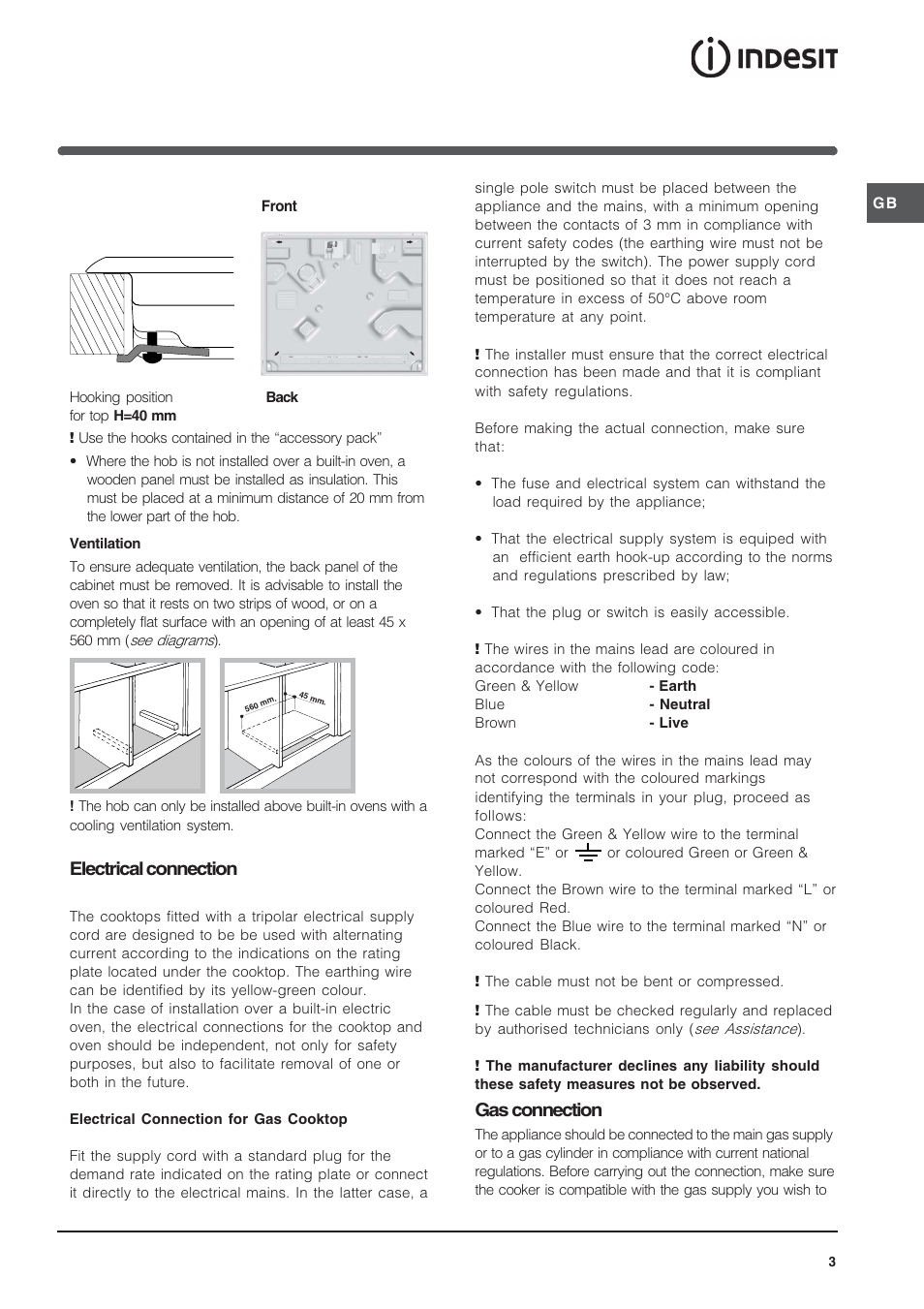 Electrical connection, Gas connection | Indesit IP 751 S C UK User Manual | Page 3 / 12