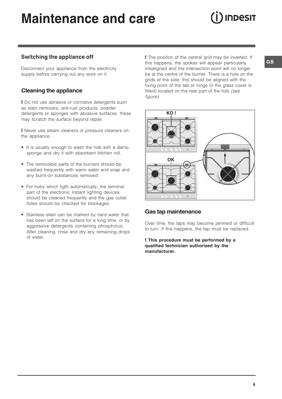 Maintenance and care | Indesit IP 751 S C UK User Manual | Page 9 / 12