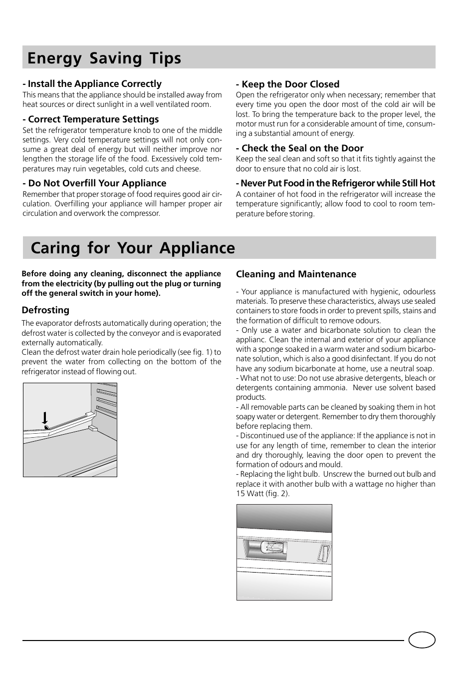 Energy saving tips, Caring for your appliance | Indesit RG1140 User Manual | Page 6 / 8