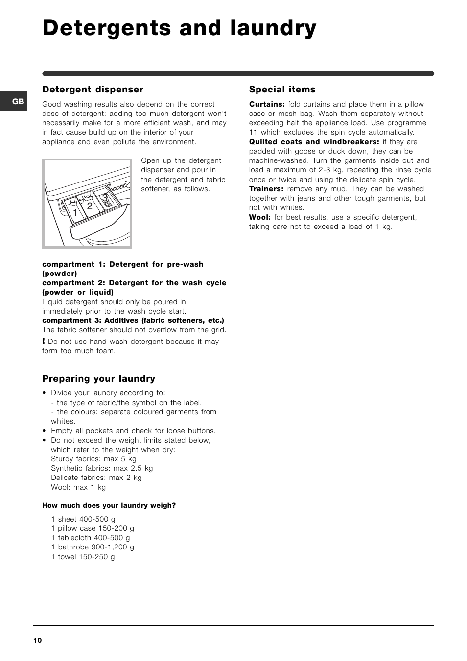 Detergents and laundry | Indesit WI 121 User Manual | Page 10 / 16