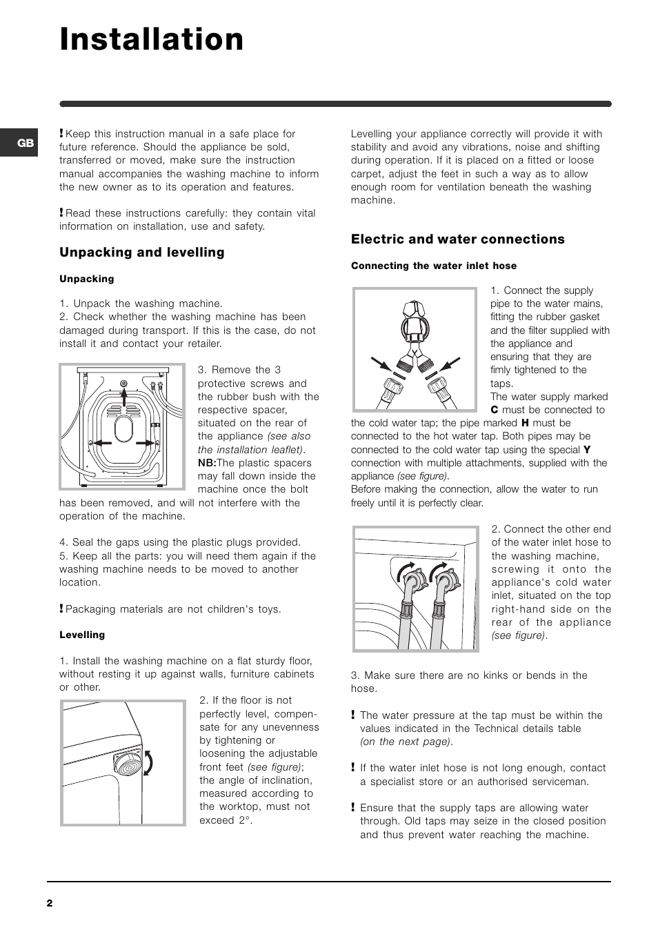 Installation, Unpacking and levelling, Electric and water connections | Indesit WI 121 User Manual | Page 2 / 16