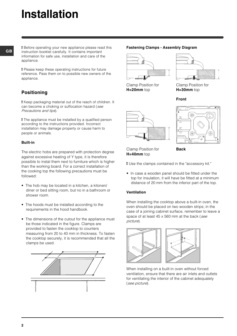 Installation, Positioning | Indesit PI604GB User Manual | Page 2 / 8