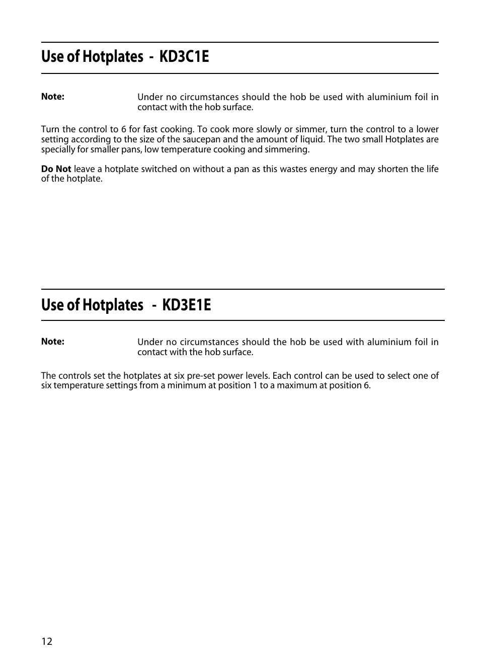 Use of hotplates - kd3c1e, Use of hotplates - kd3e1e | Indesit KD3E1E User Manual | Page 12 / 32