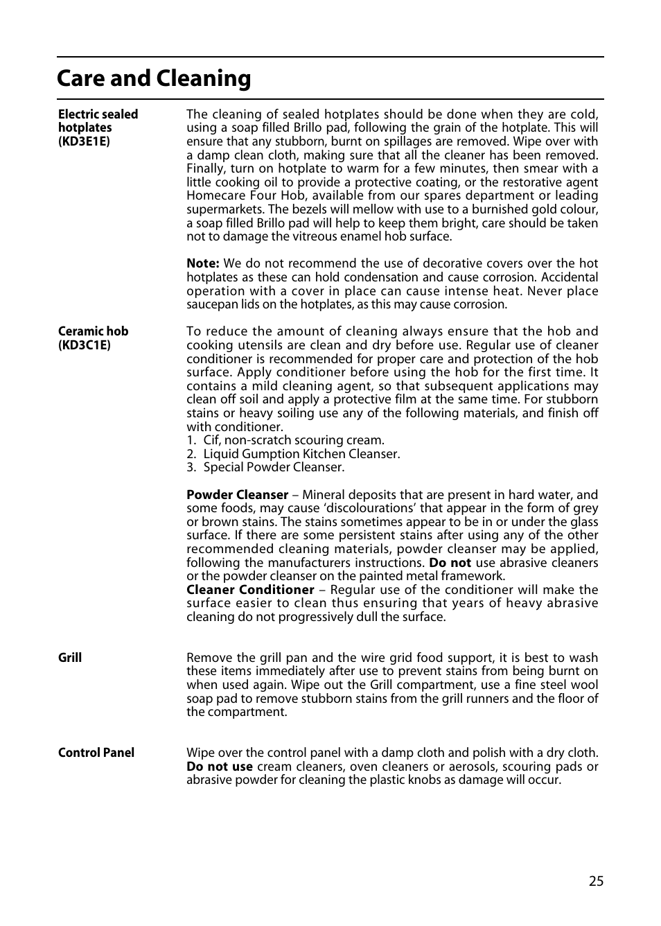 Care and cleaning | Indesit KD3E1E User Manual | Page 25 / 32