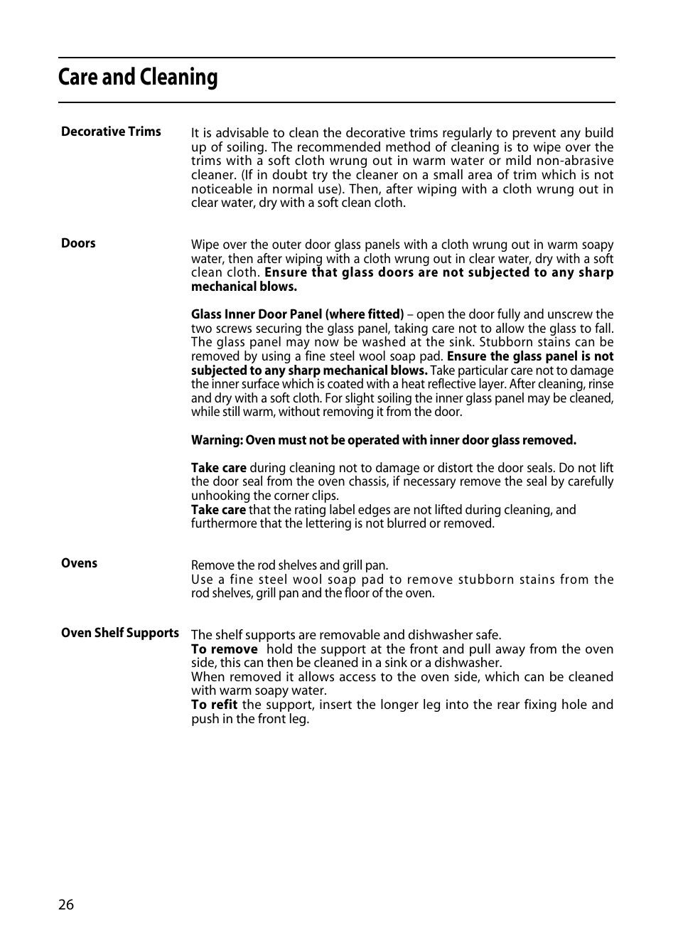 Care and cleaning | Indesit KD3E1E User Manual | Page 26 / 32