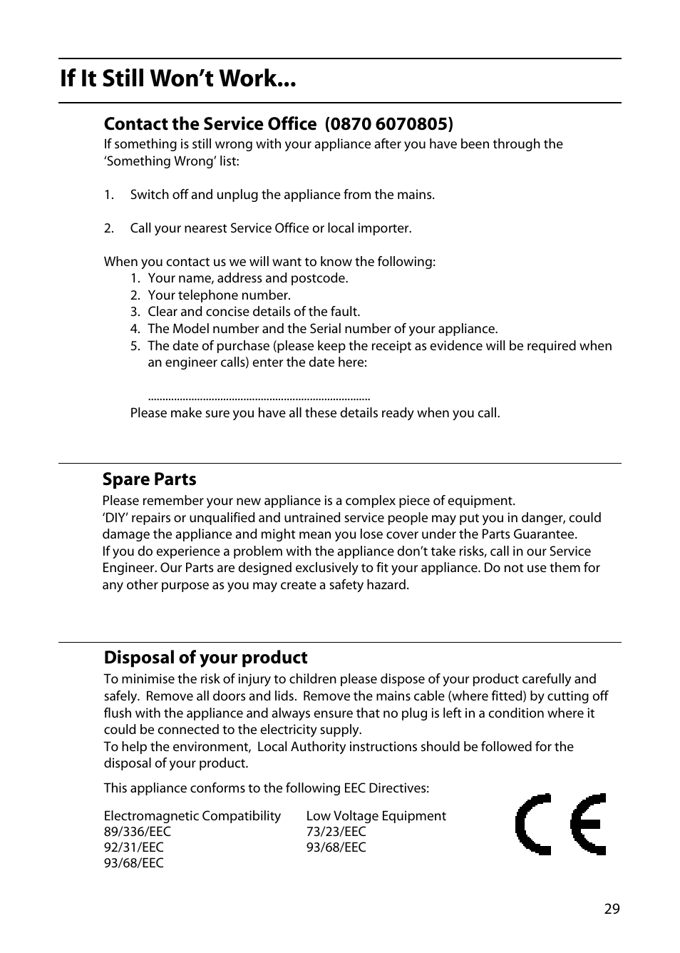 If it still won’t work, Disposal of your product, Spare parts | Indesit KD3E1E User Manual | Page 29 / 32