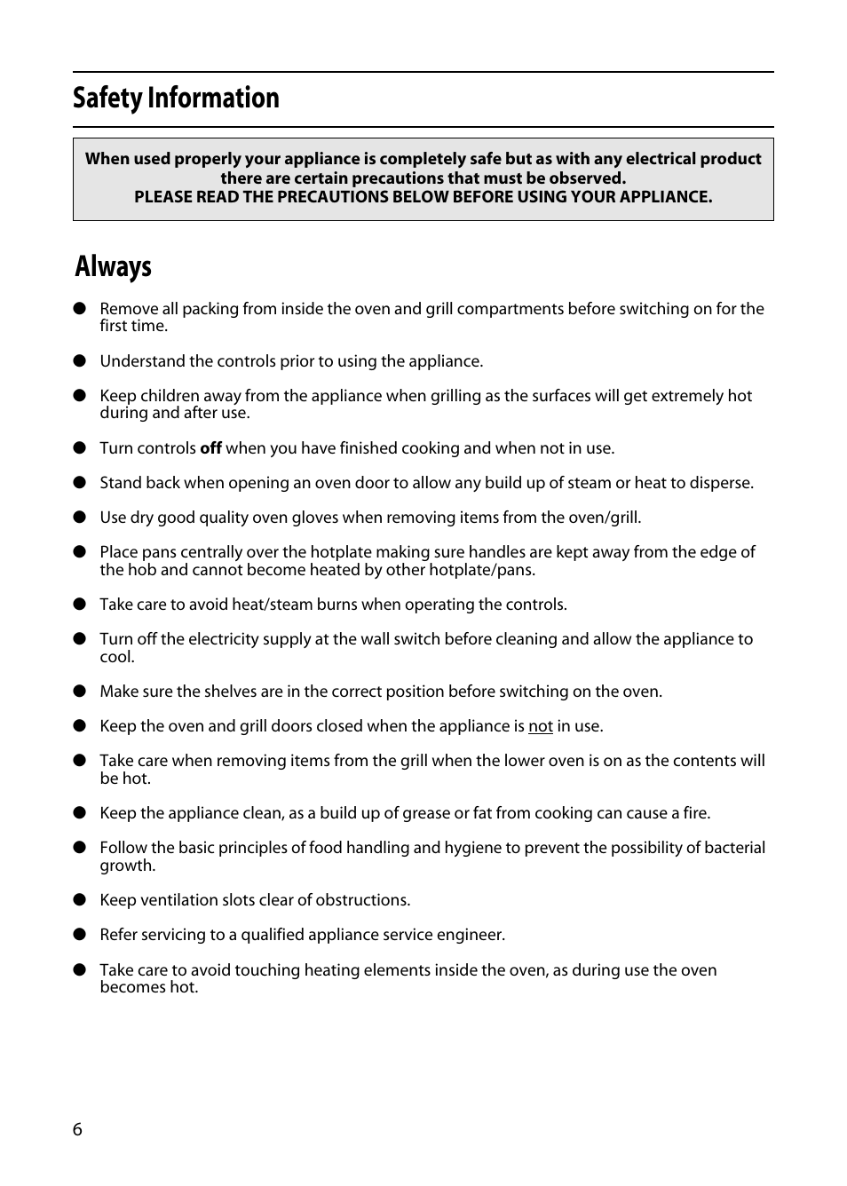 Safety information, Always | Indesit KD3E1E User Manual | Page 6 / 32