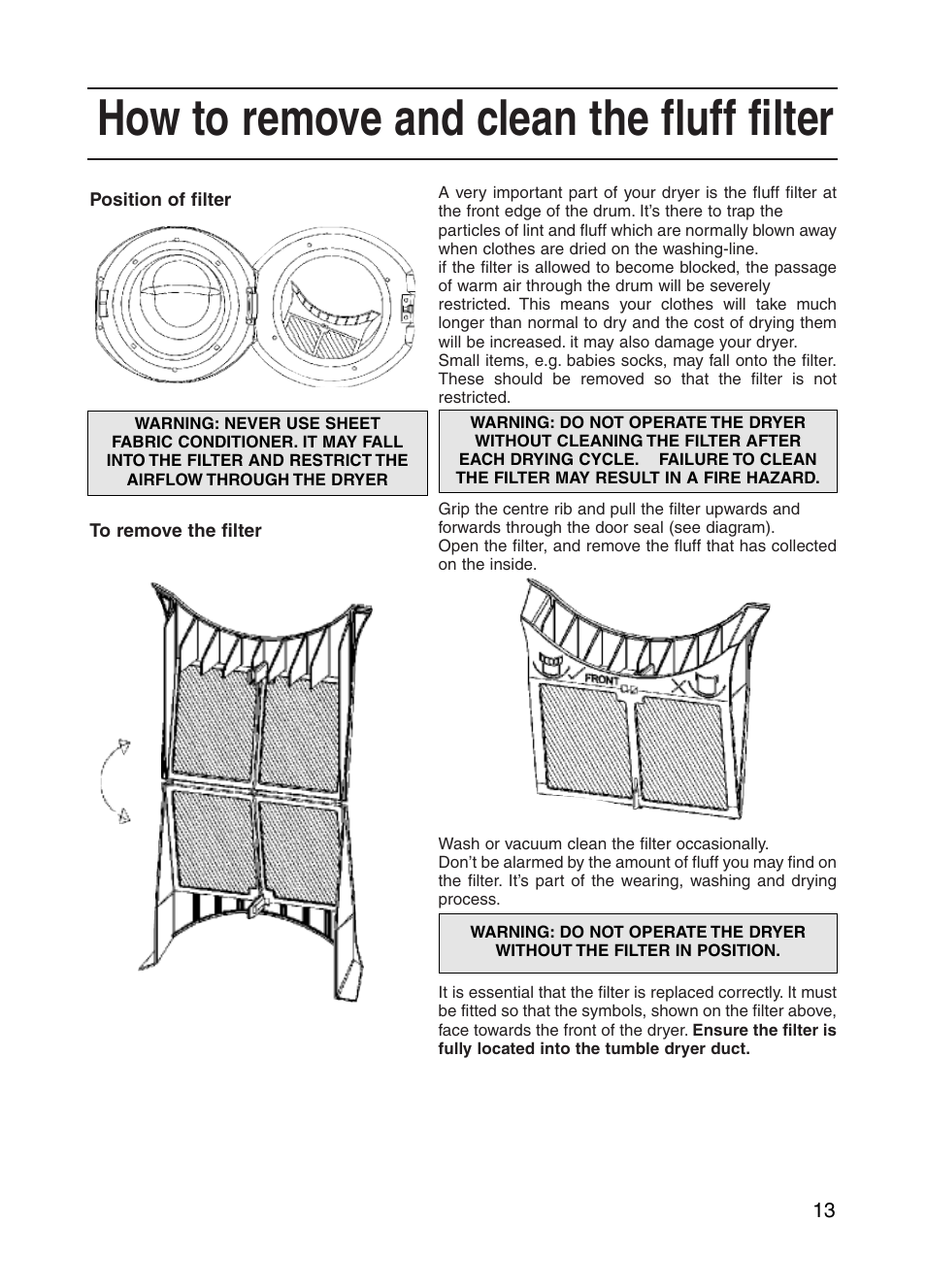 How to remove and clean the fluff filter | Indesit G73V User Manual | Page 13 / 20