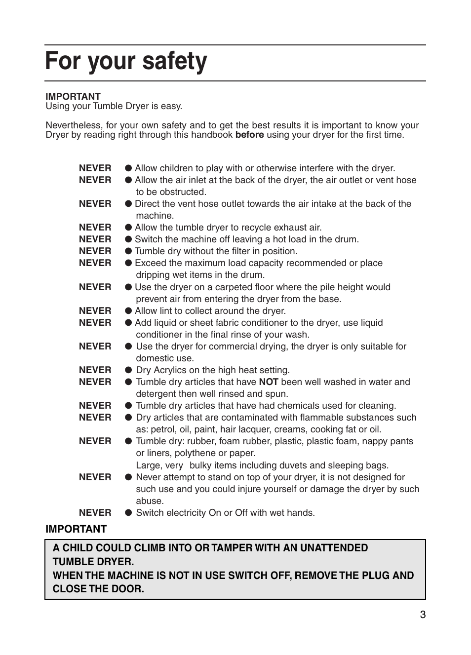 For your safety | Indesit G73V User Manual | Page 3 / 20