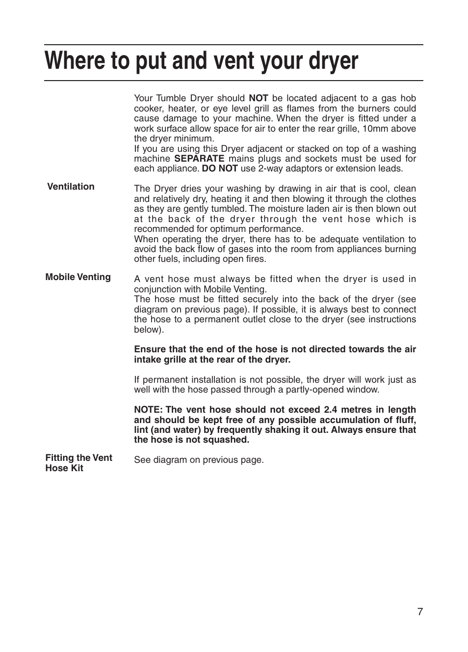 Where to put and vent your dryer | Indesit G73V User Manual | Page 7 / 20