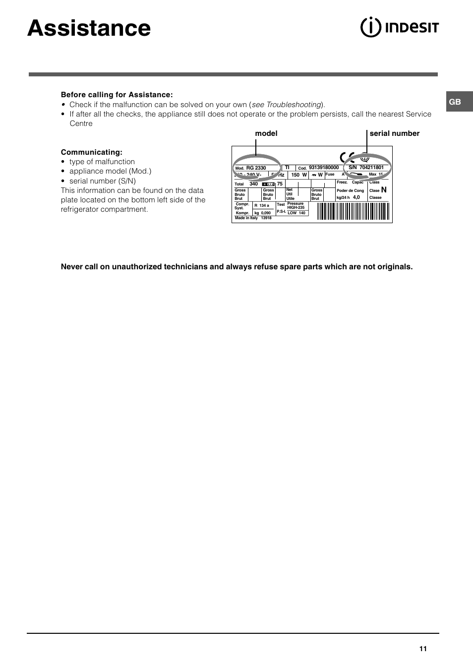 Assistance, Model serial number | Indesit BAAN 134 G User Manual | Page 11 / 12