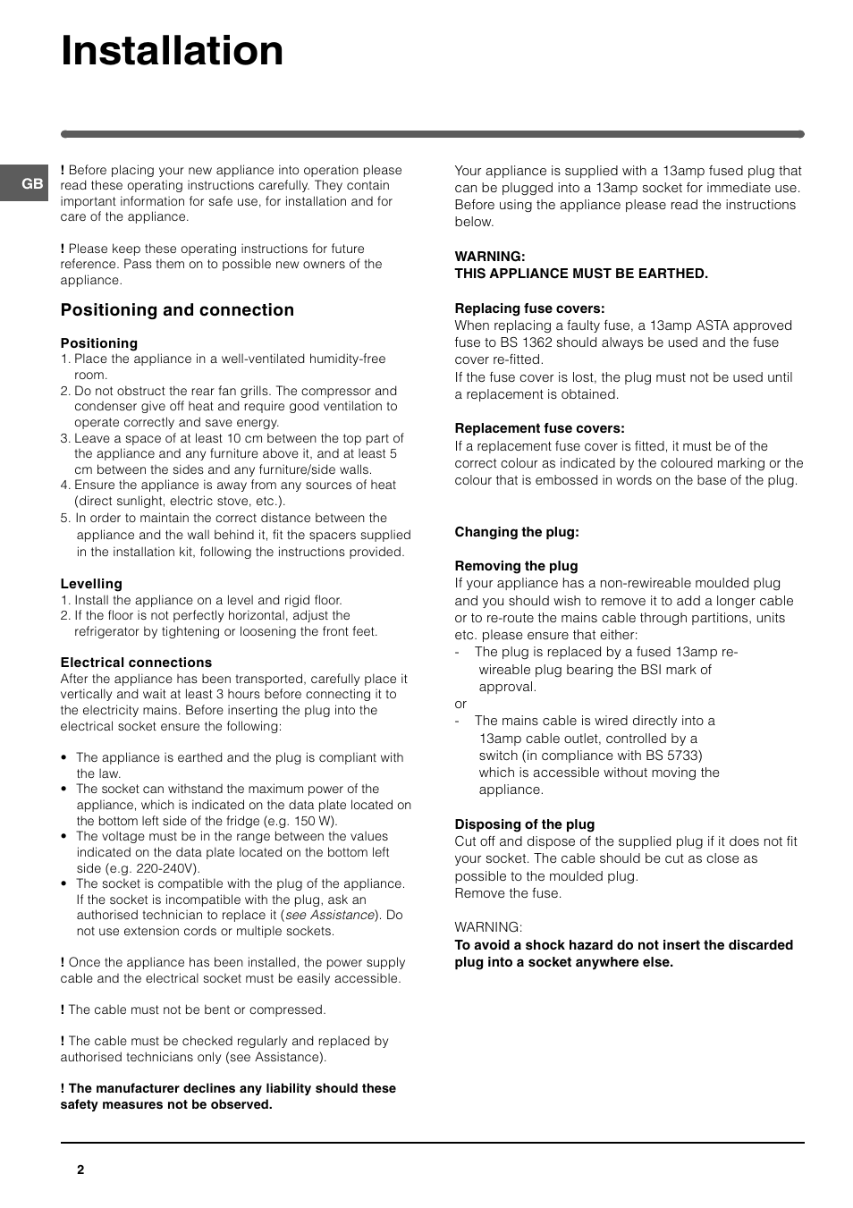 Installation, Positioning and connection | Indesit BAAN 134 G User Manual | Page 2 / 12