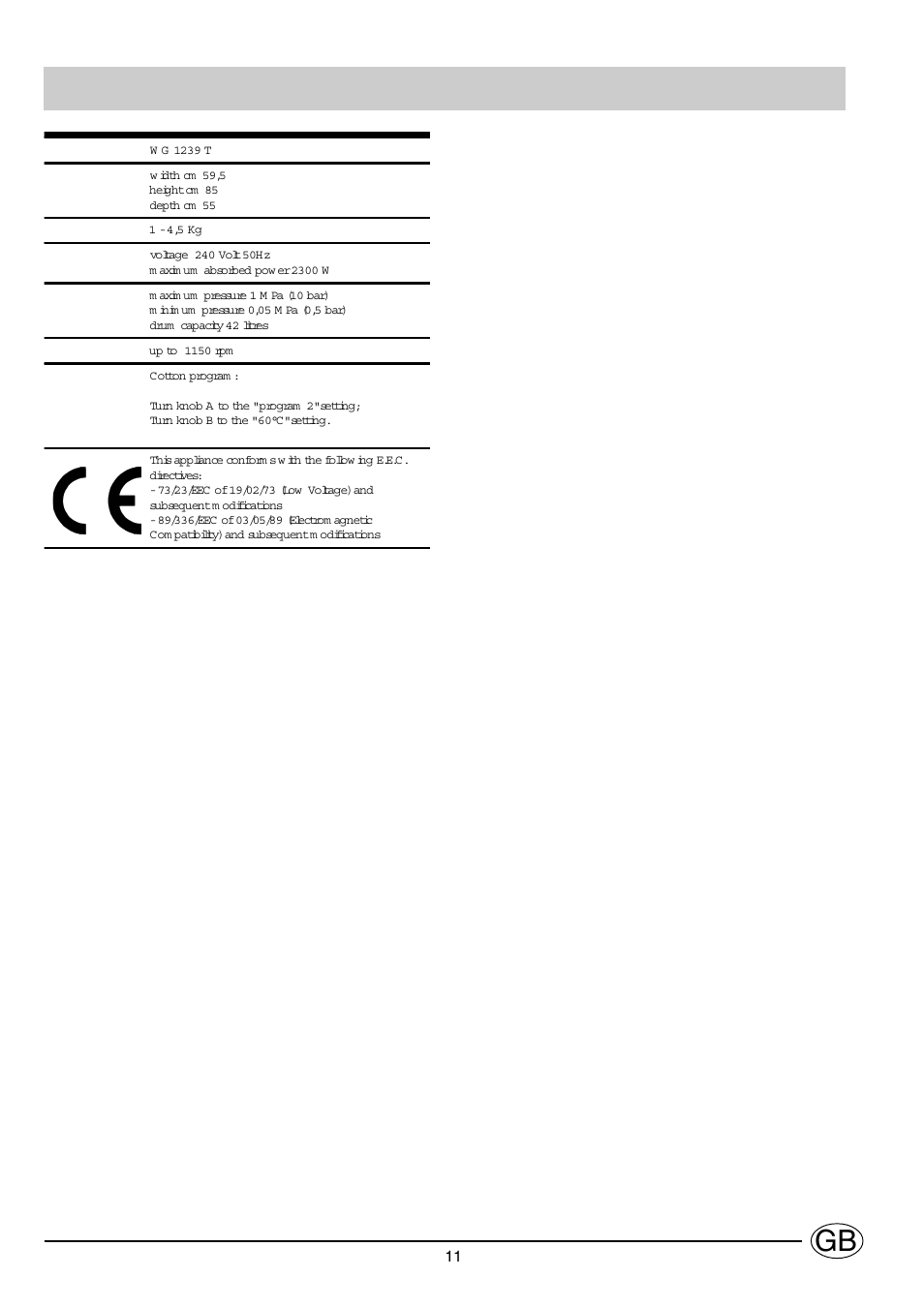 Technical characteristics | Indesit WG1239T User Manual | Page 11 / 11