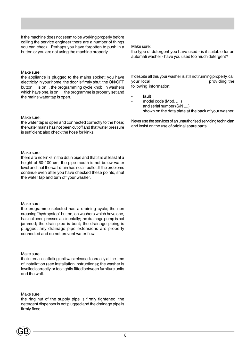 Trouble shooting | Indesit WG1239T User Manual | Page 8 / 11