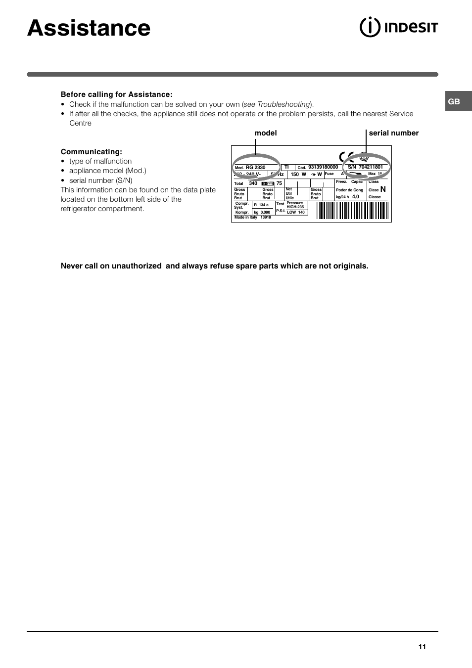 Assistance, Model serial number | Indesit BA35FNF P User Manual | Page 11 / 12