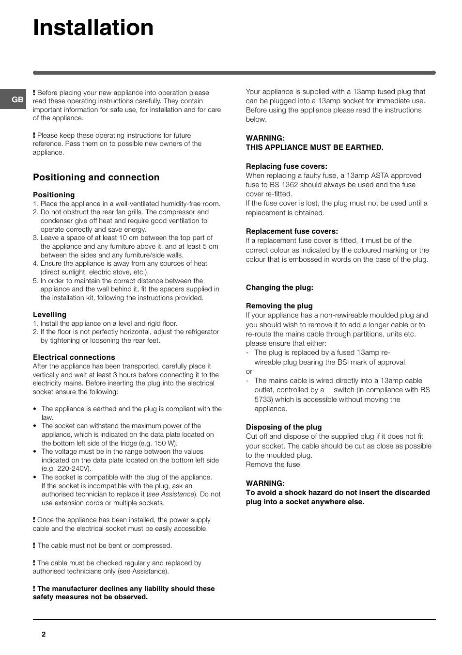 Installation, Positioning and connection | Indesit BA35FNF P User Manual | Page 2 / 12