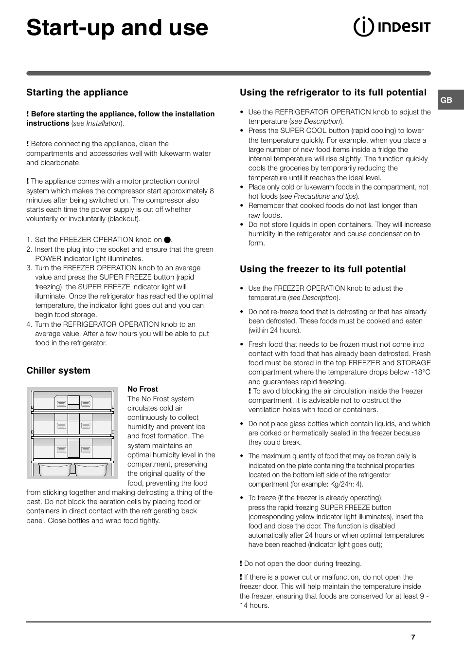 Start-up and use, Using the freezer to its full potential, Starting the appliance | Chiller system, Using the refrigerator to its full potential | Indesit BA35FNF P User Manual | Page 7 / 12