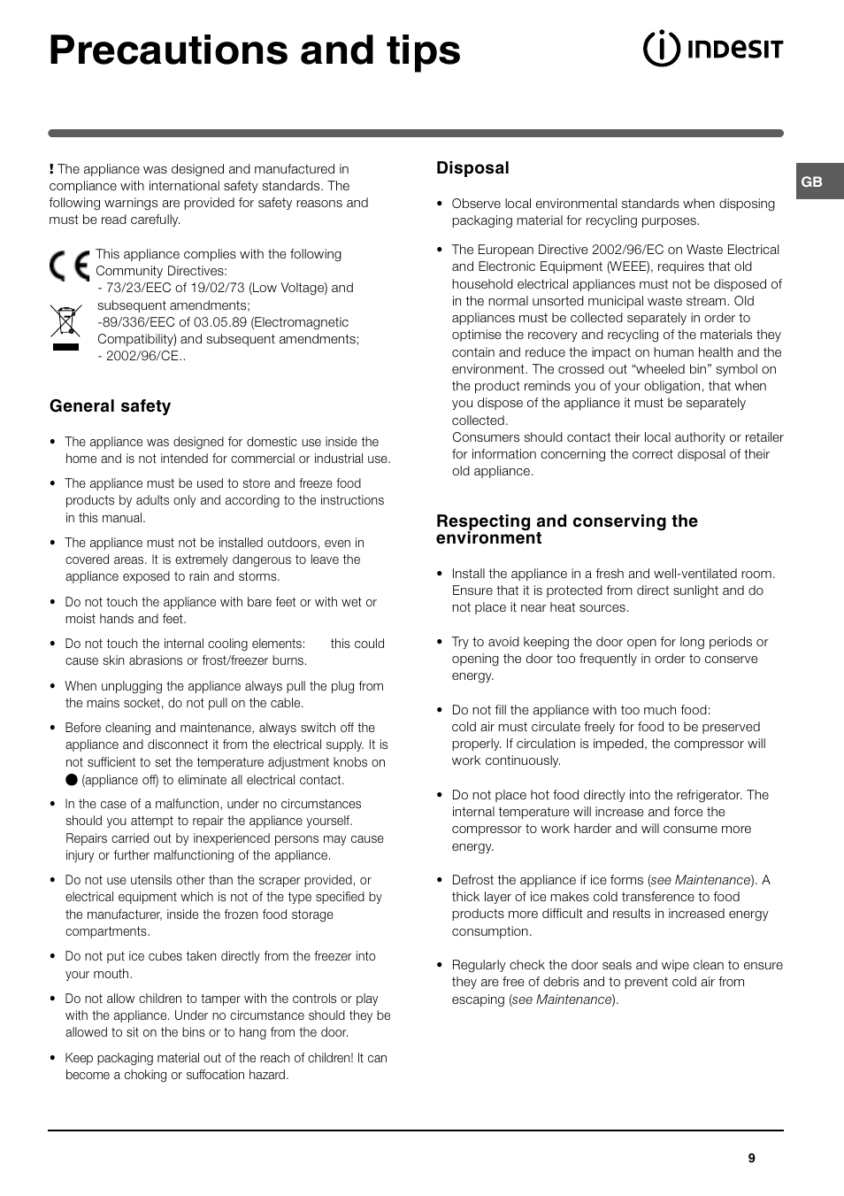 Precautions and tips, Disposal, Respecting and conserving the environment | General safety | Indesit BA35FNF P User Manual | Page 9 / 12
