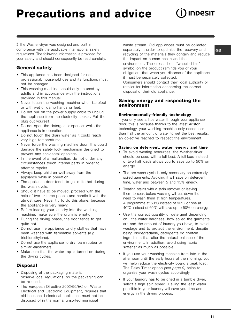 Precautions and advice, General safety, Disposal | Saving energy and respecting the environment | Indesit WIDXL 126 S User Manual | Page 11 / 16