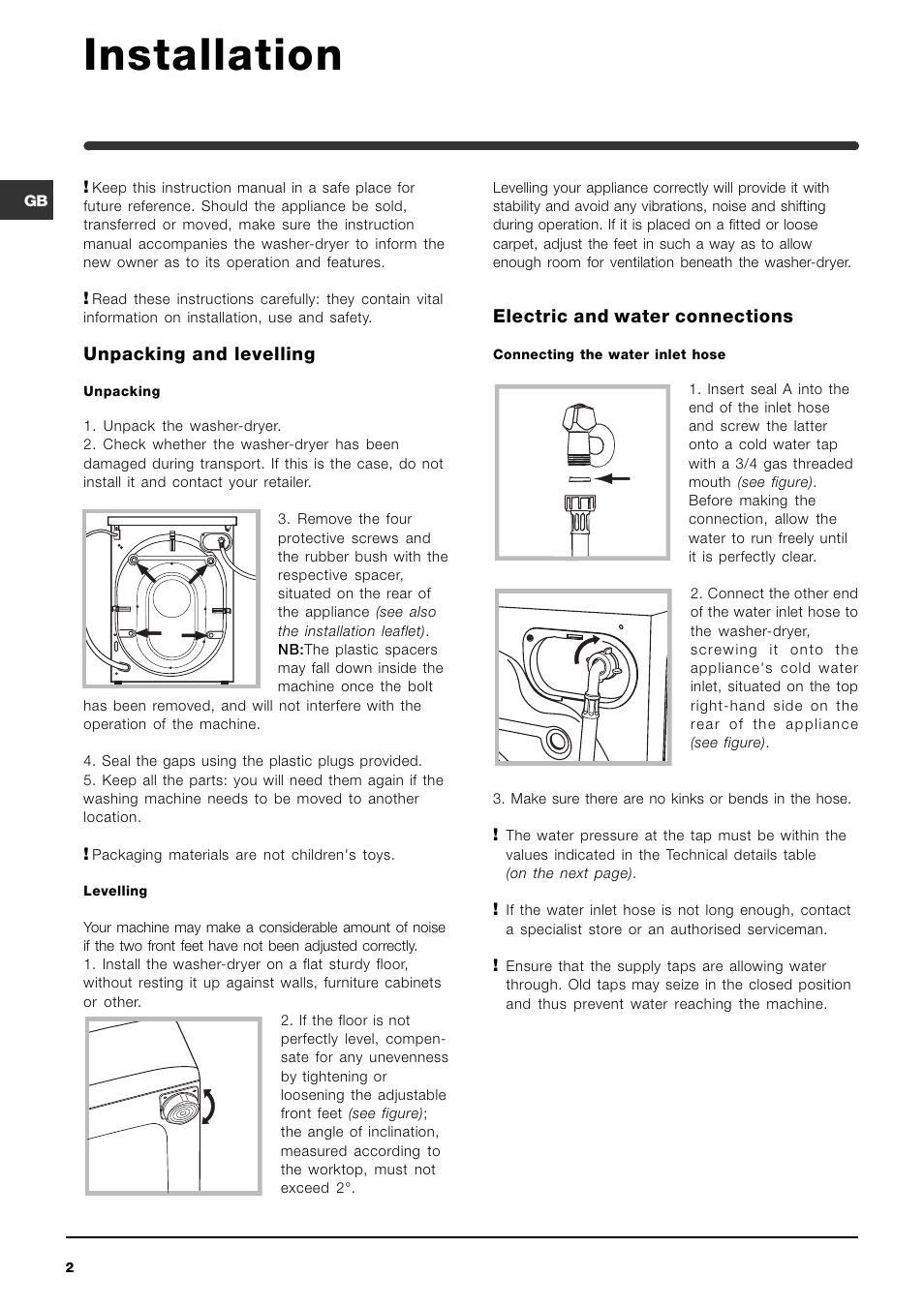 Installation, Unpacking and levelling, Electric and water connections | Indesit WIDXL 126 S User Manual | Page 2 / 16