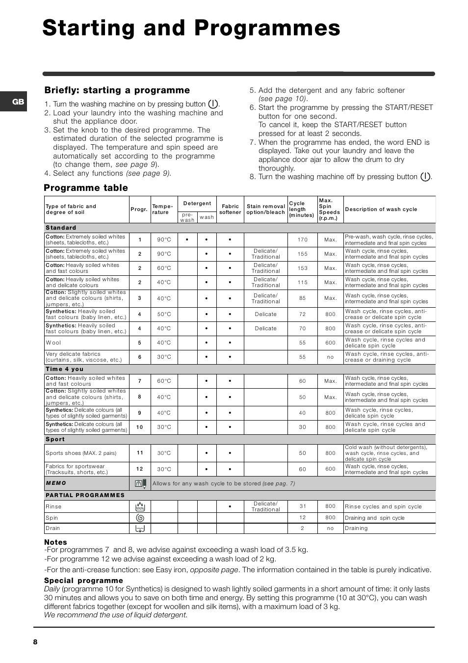 Starting and programmes, Programme table, Briefly: starting a programme | Indesit WIXXE 147 User Manual | Page 8 / 16