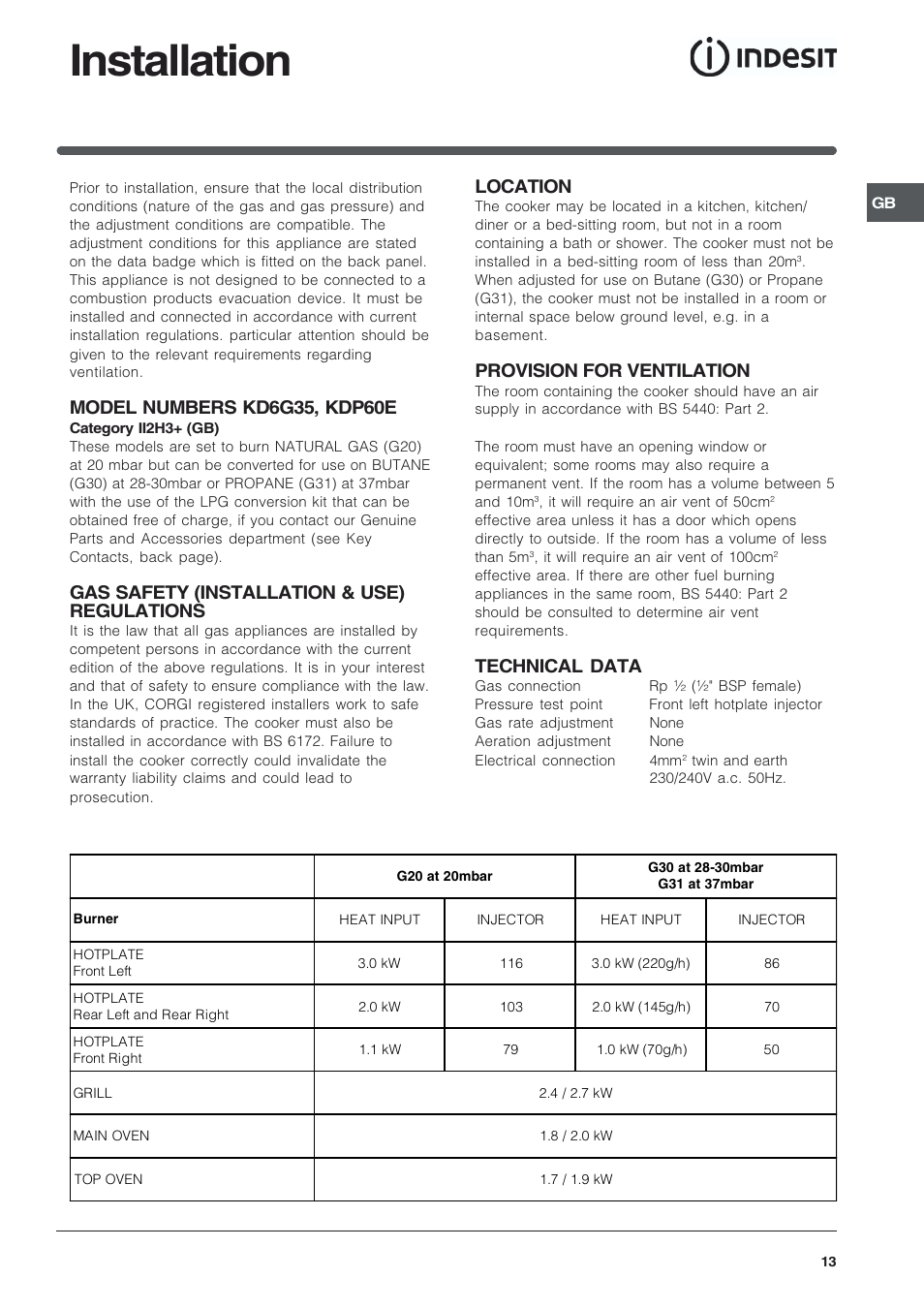 Installation, Gas safety (installation & use) regulations, Location | Provision for ventilation, Technical data | Indesit KDP60E User Manual | Page 13 / 20